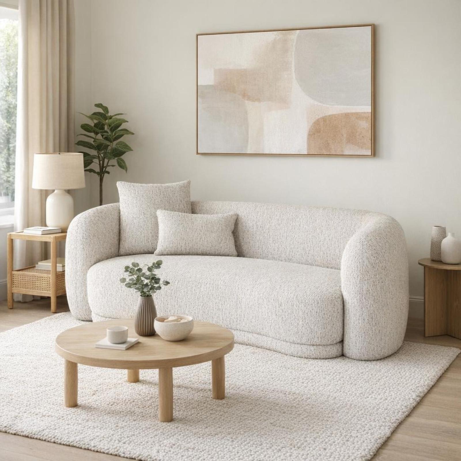 A cream bouclé sofa dressed with scatter cushions beside a round coffee table and framed wall art.