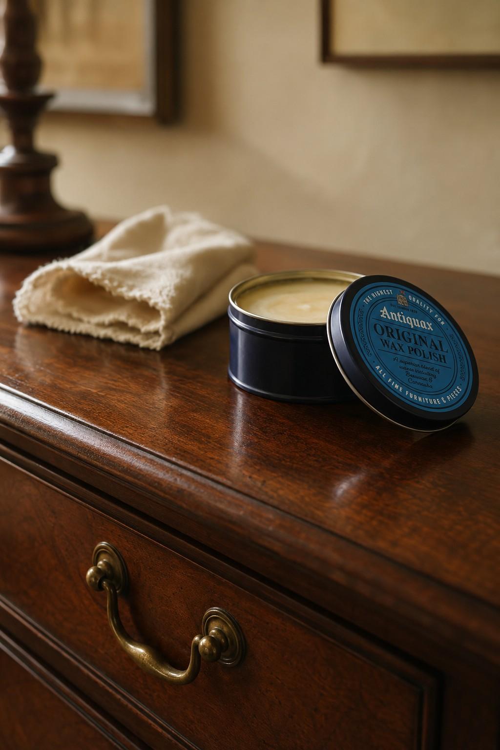 An open tin of Antiquax Original Wax Polish and a soft cloth on a polished mahogany chest
