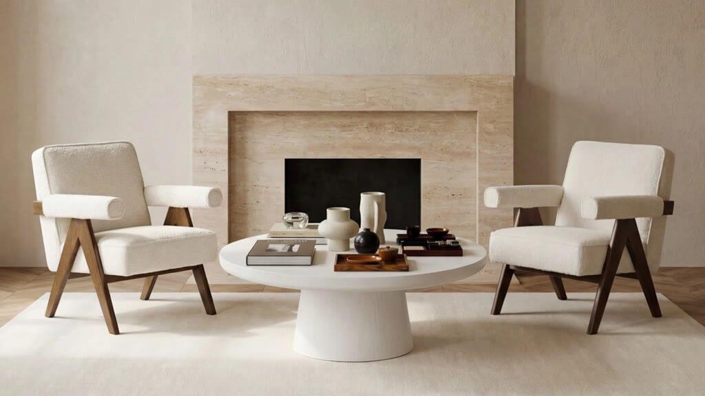 A pair of LPD Ember bouclé armchairs either side of a round coffee table at a stone fireplace
