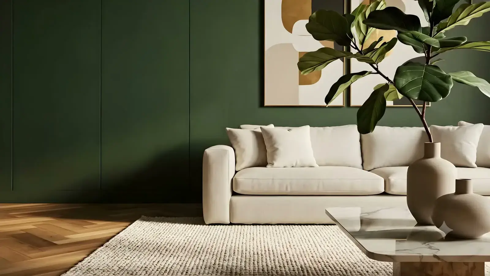 A warmly lit living room with a cream sofa, side lamps and a wool rug
