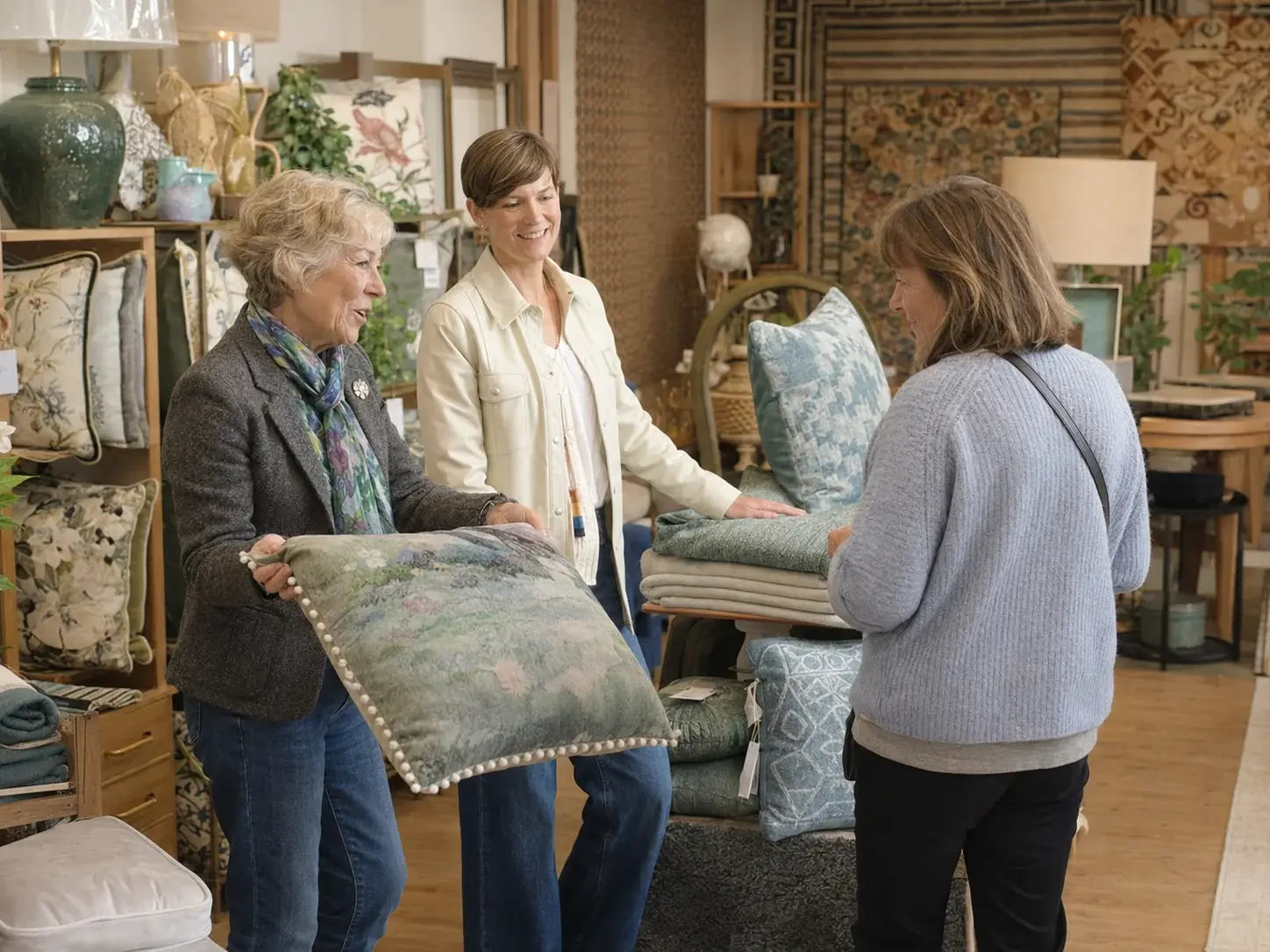 Two of our team showing a customer cushions and throws in the showroom.