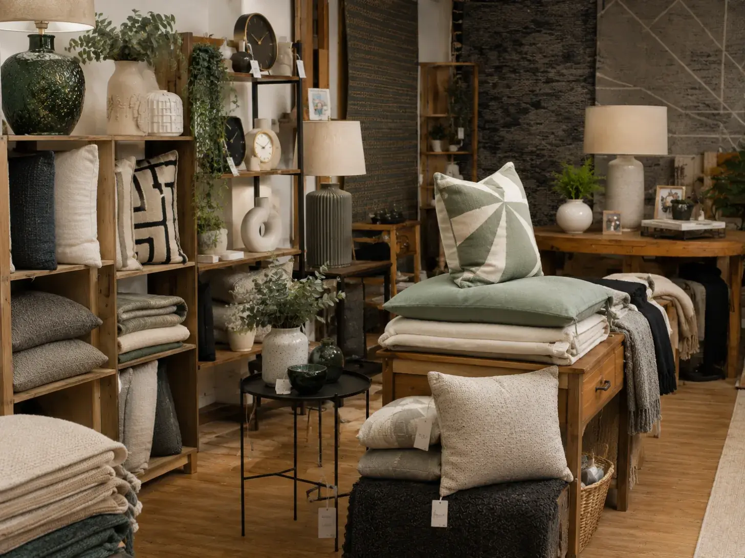 Cushions, throws, lamps, vases and clocks in stock on the shop floor.