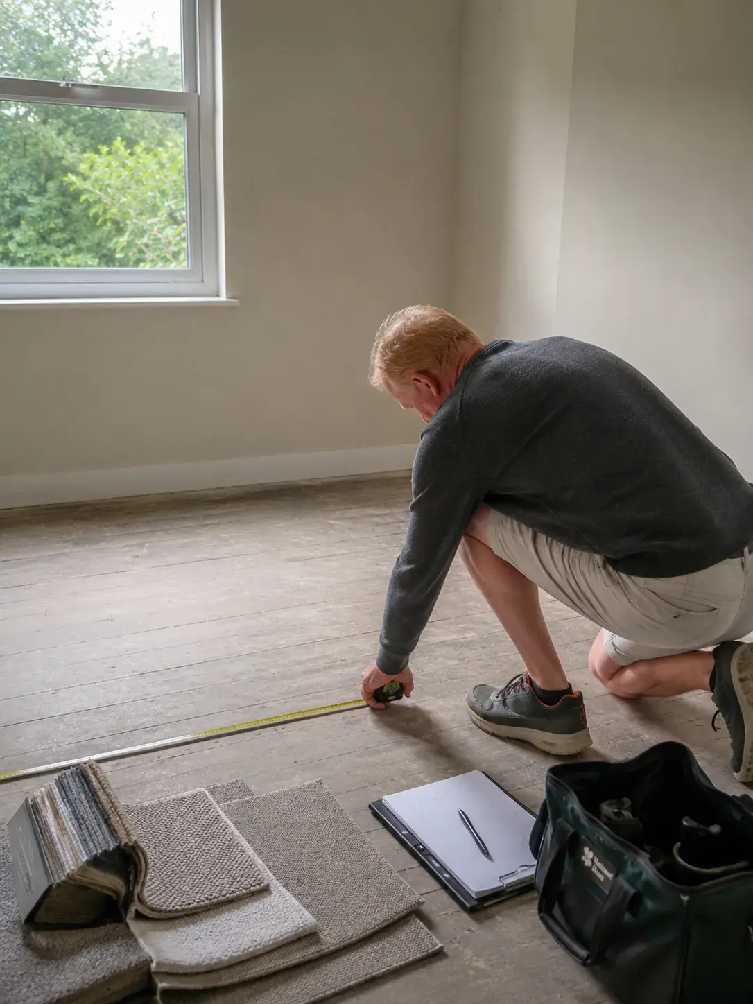 Carpet being measured and fitted in a customer's room.