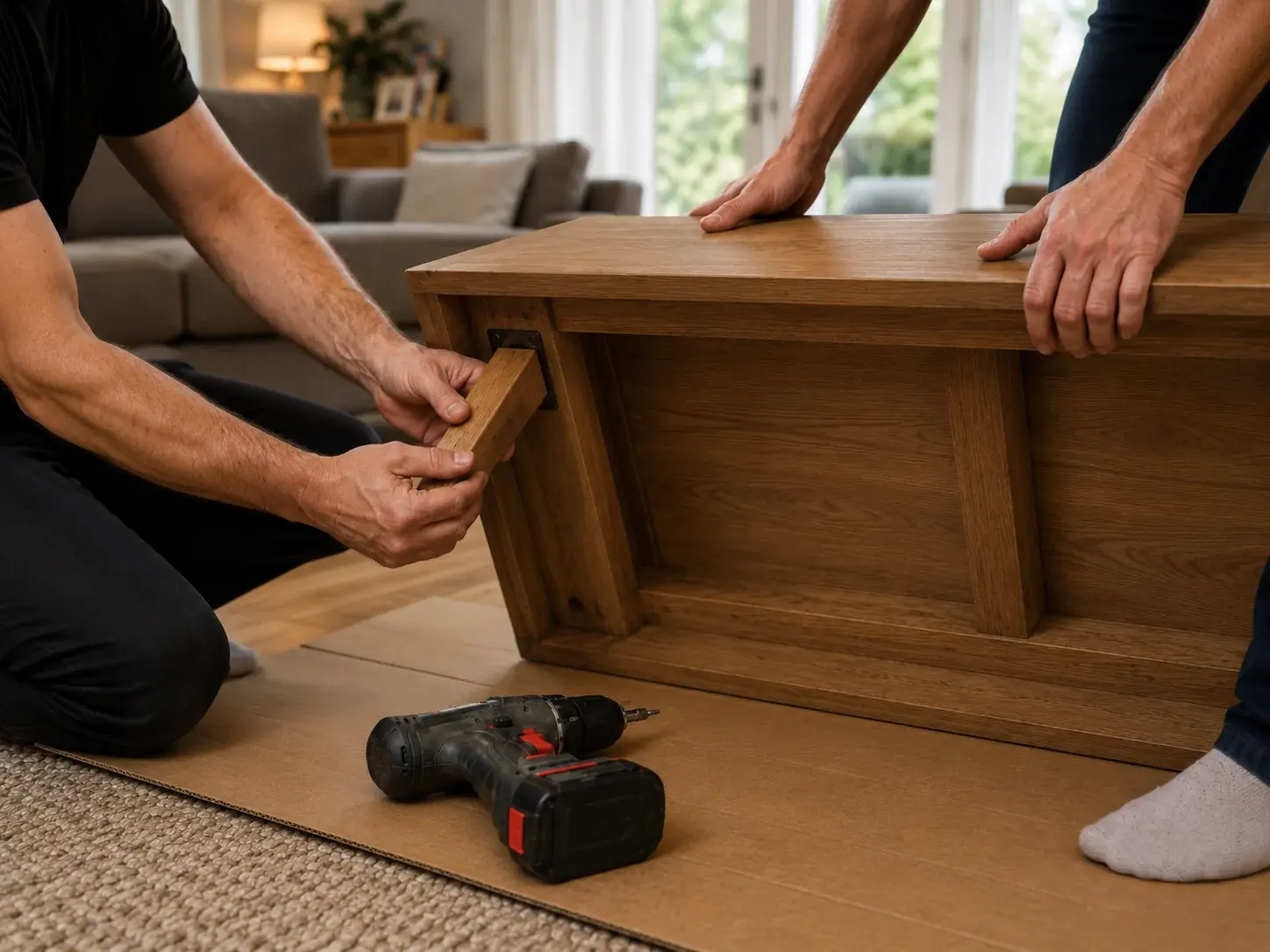 Two of our team fitting the foot to an oak sideboard in a customer's living room.