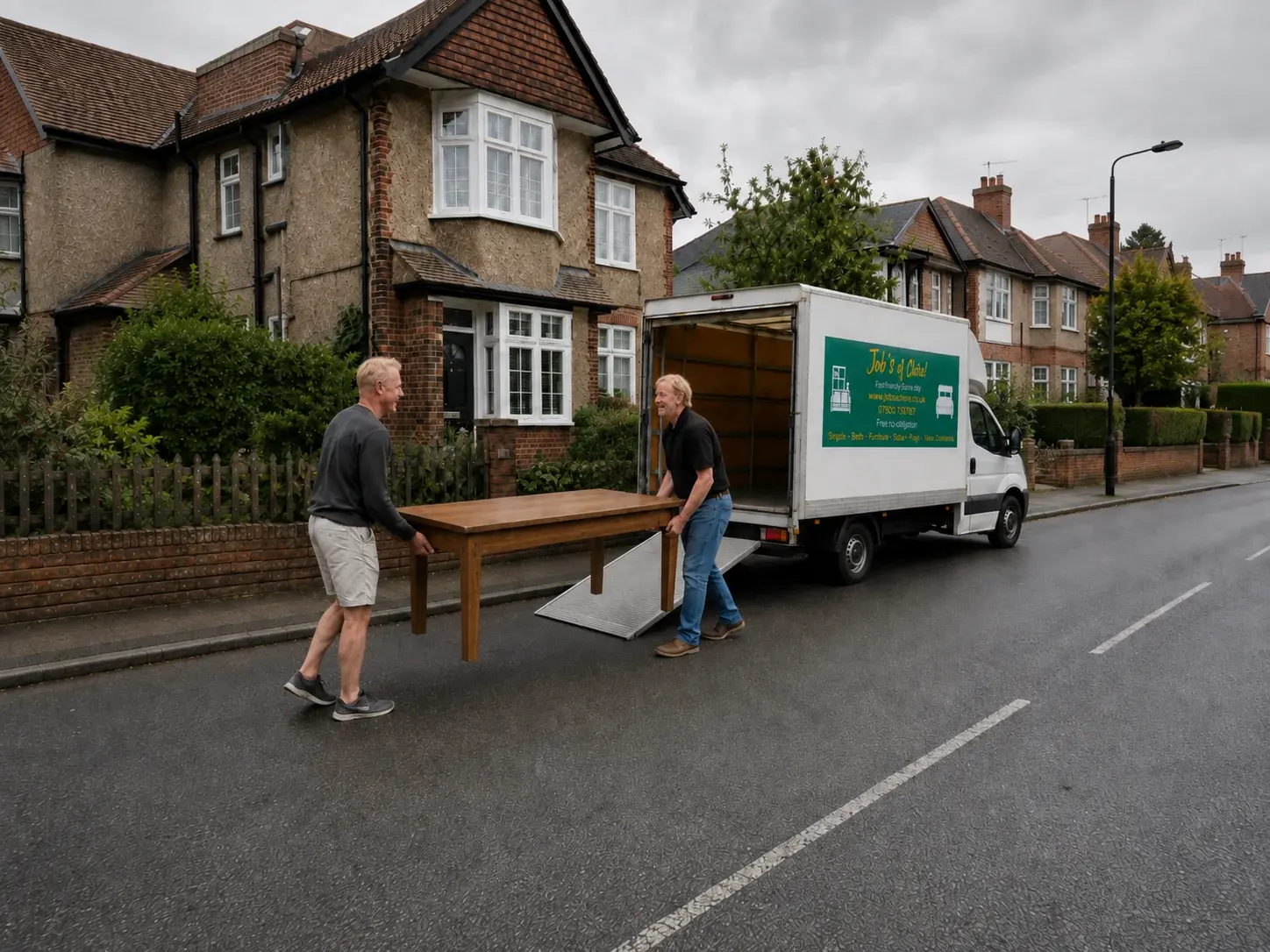 Two of our team carrying an old dining table out to the van for removal.