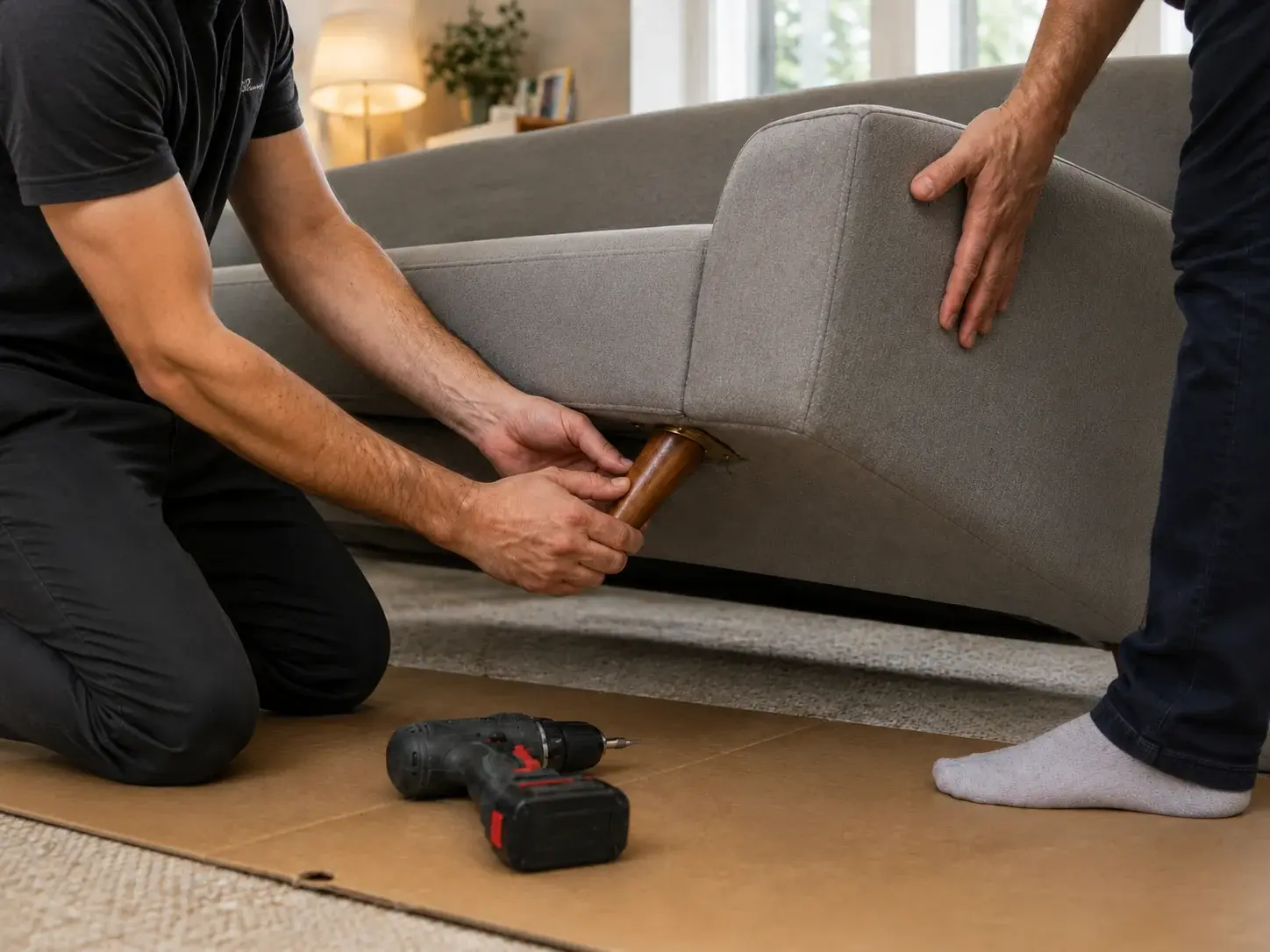 A member of our team fitting a wooden foot to a new sofa on protective card.
