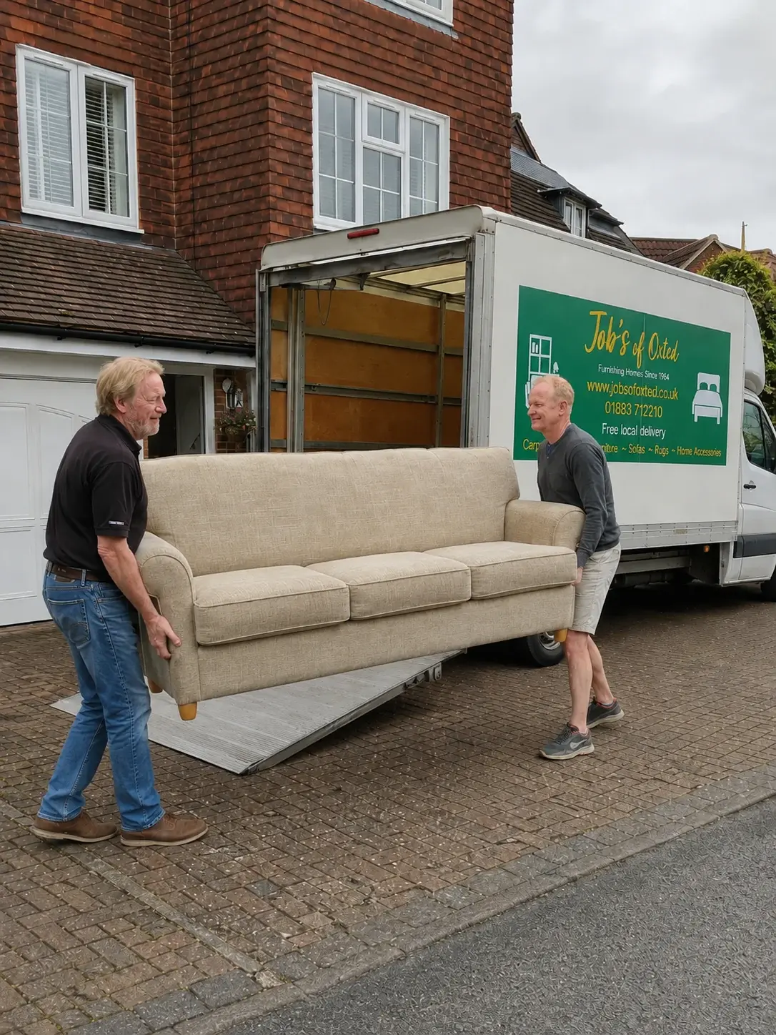 Two of our team carrying an old three-seater sofa out to the van for removal.