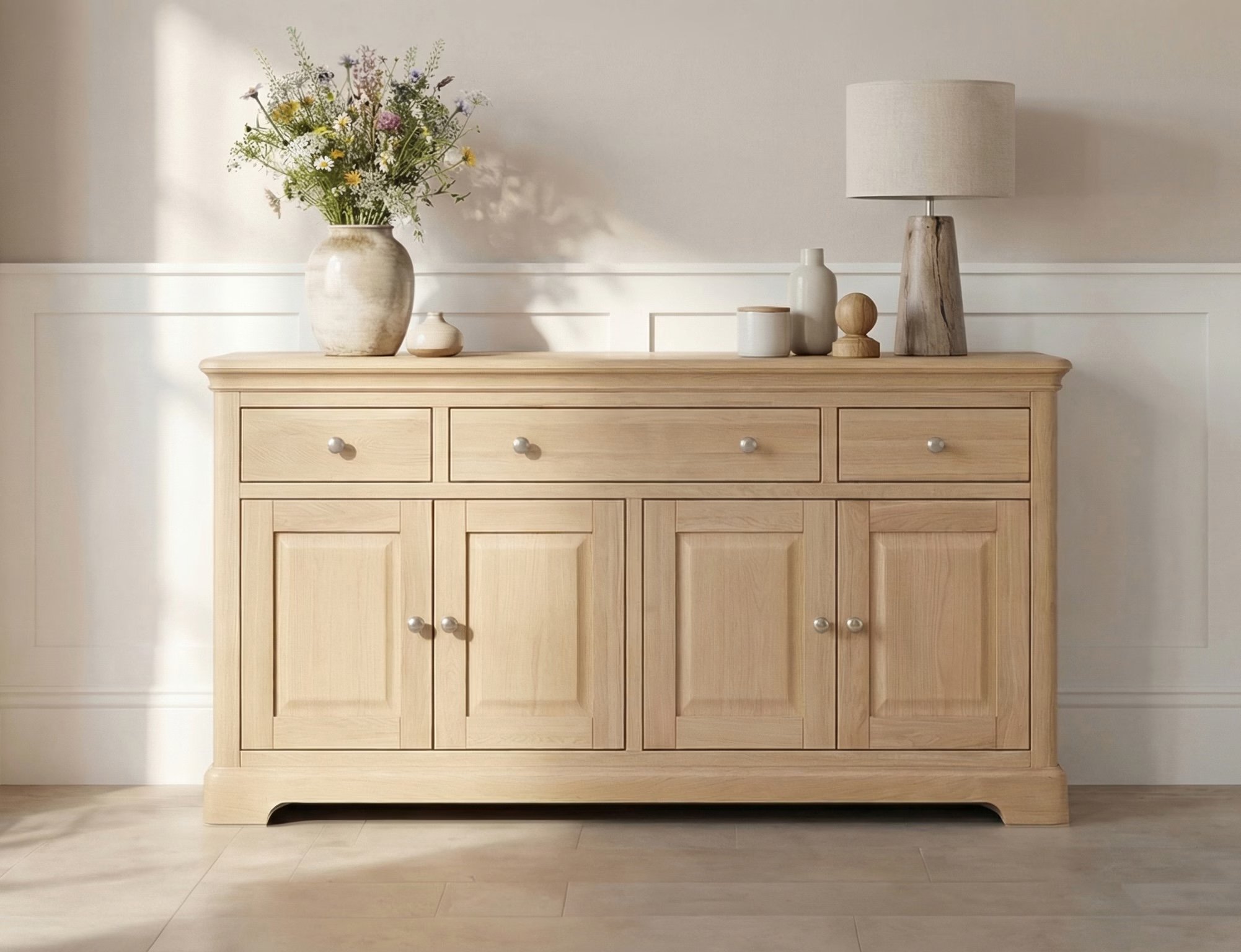 A Devonshire Lydford oak sideboard styled with a wildflower arrangement and a lamp against a bright, panelled wall.