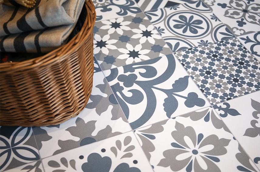 Patterned encaustic-style luxury vinyl tile flooring from Lifestyle Floors.