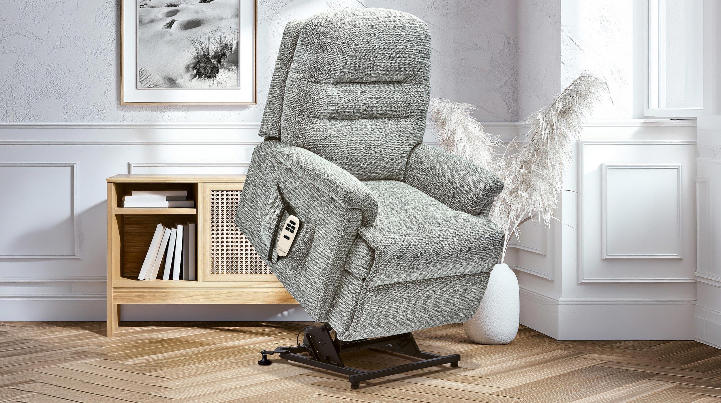 A Sherborne Keswick rise-and-recline chair tilted forward to its raised position in a bright panelled room.