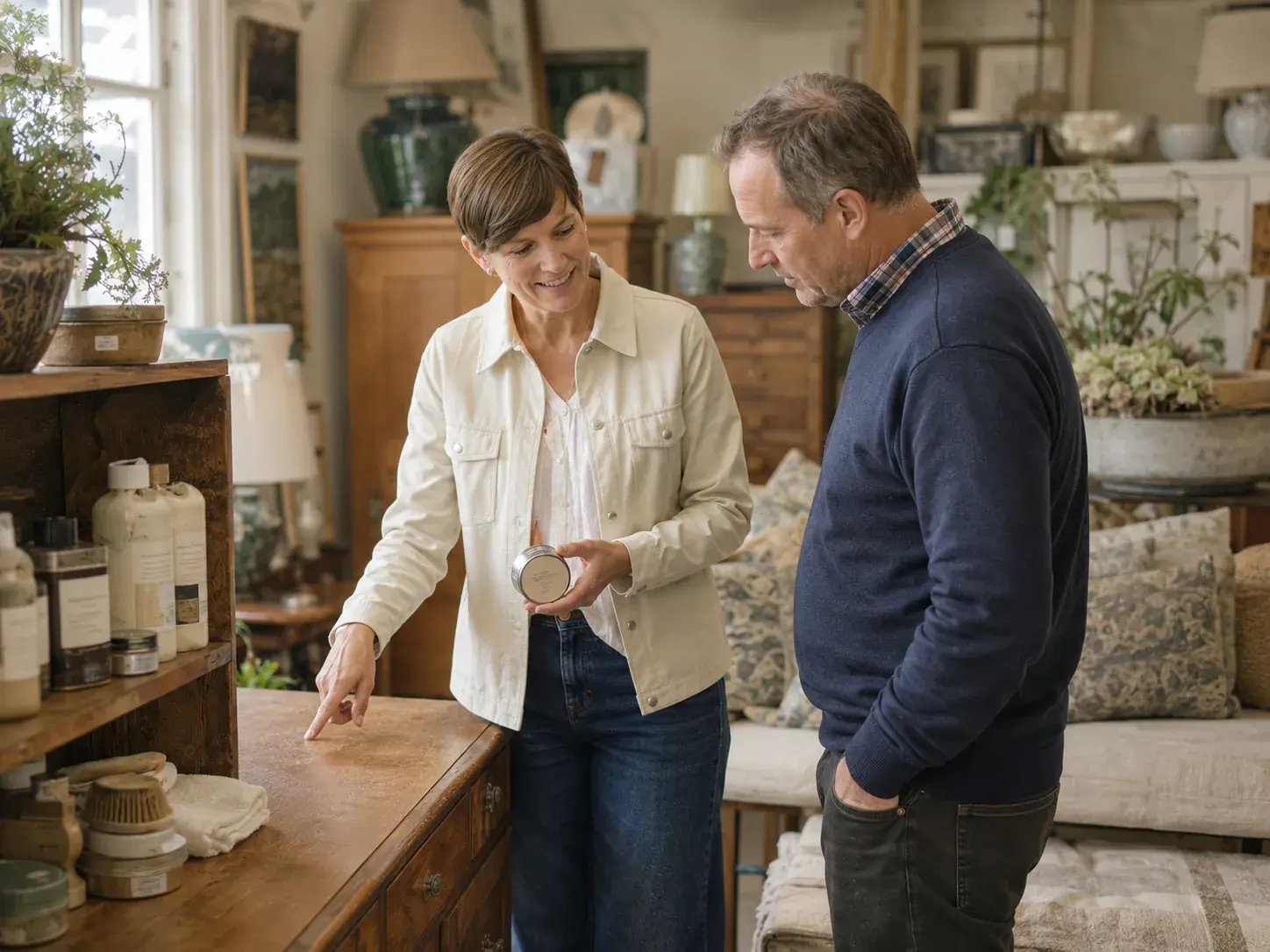 A member of our team holding a tin of wax and pointing out the finish on an oak sideboard to a customer.