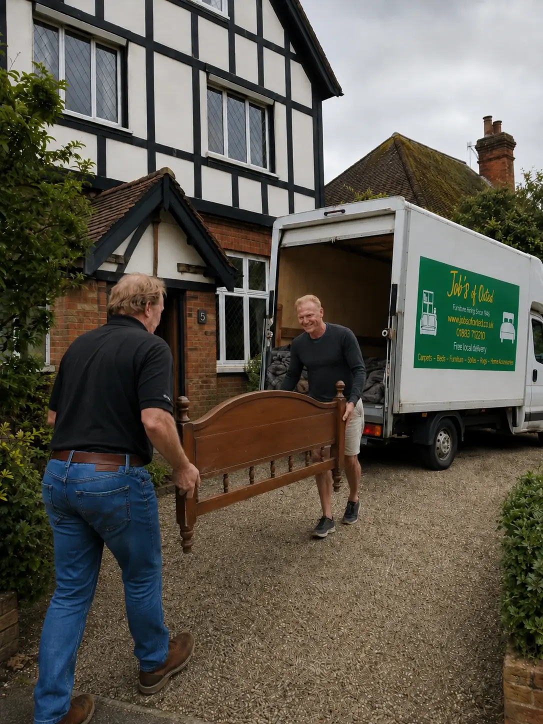 Two of the Job's of Oxted team carrying an old wooden bed frame to the van for removal.