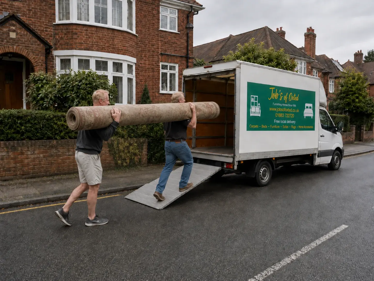 Two of our team carrying a rolled-up old carpet up the ramp into the van.