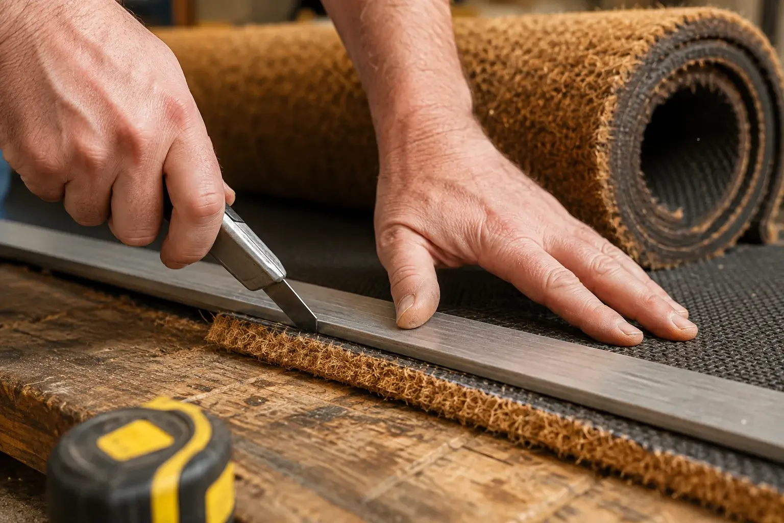 Coir matting being cut to size against a straightedge, with the roll alongside.