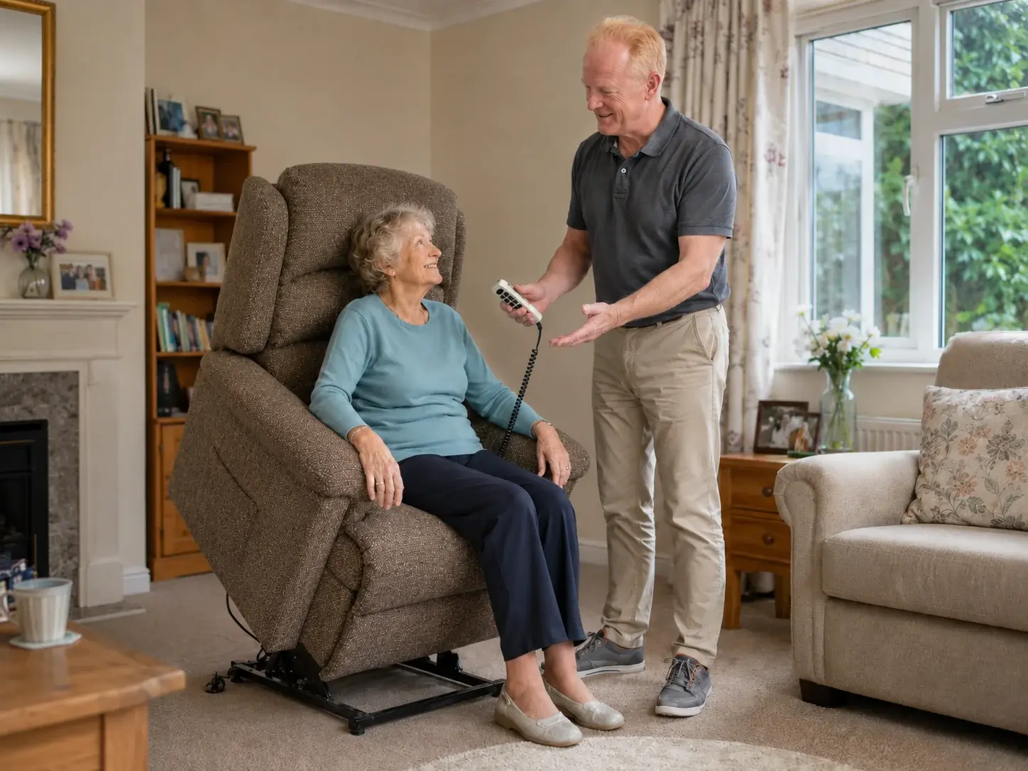 A member of our team running through the handset with a customer sitting in her new rise-and-recline chair.